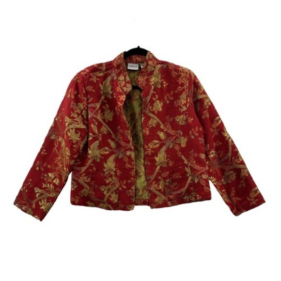 Chico's Jackets & Blazers - Chicos Red Gold Floral Brocade Mandarin Collar Jacket Blazer Women Size 1